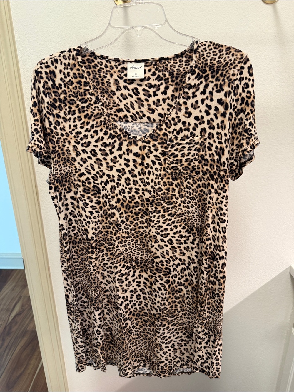 Soma Leopard Print Short Sleeve V-Neck Nightshirt in Beige and Black